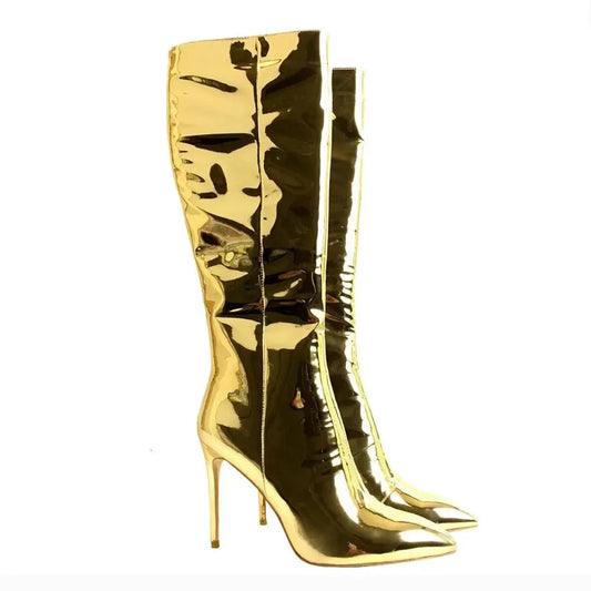 Knee High Pointed Toe Metallic High Heel Boots