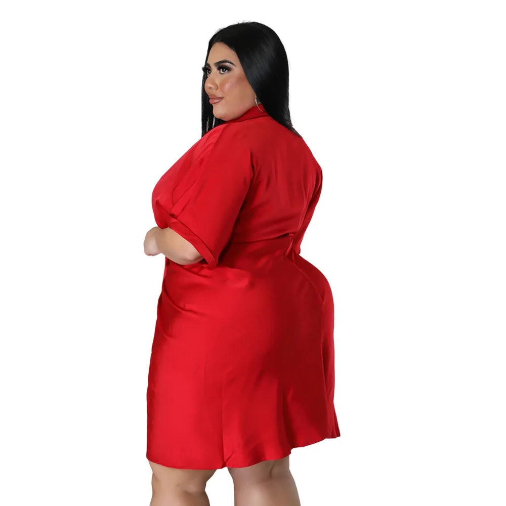 Plus Size Short-sleeved Red Dress V-neck Short Dresss