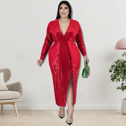 Plus Size Long Skirt Sequin Velvet V-neck Long-sleeved Dress