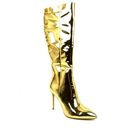 Knee High Pointed Toe Metallic High Heel Boots