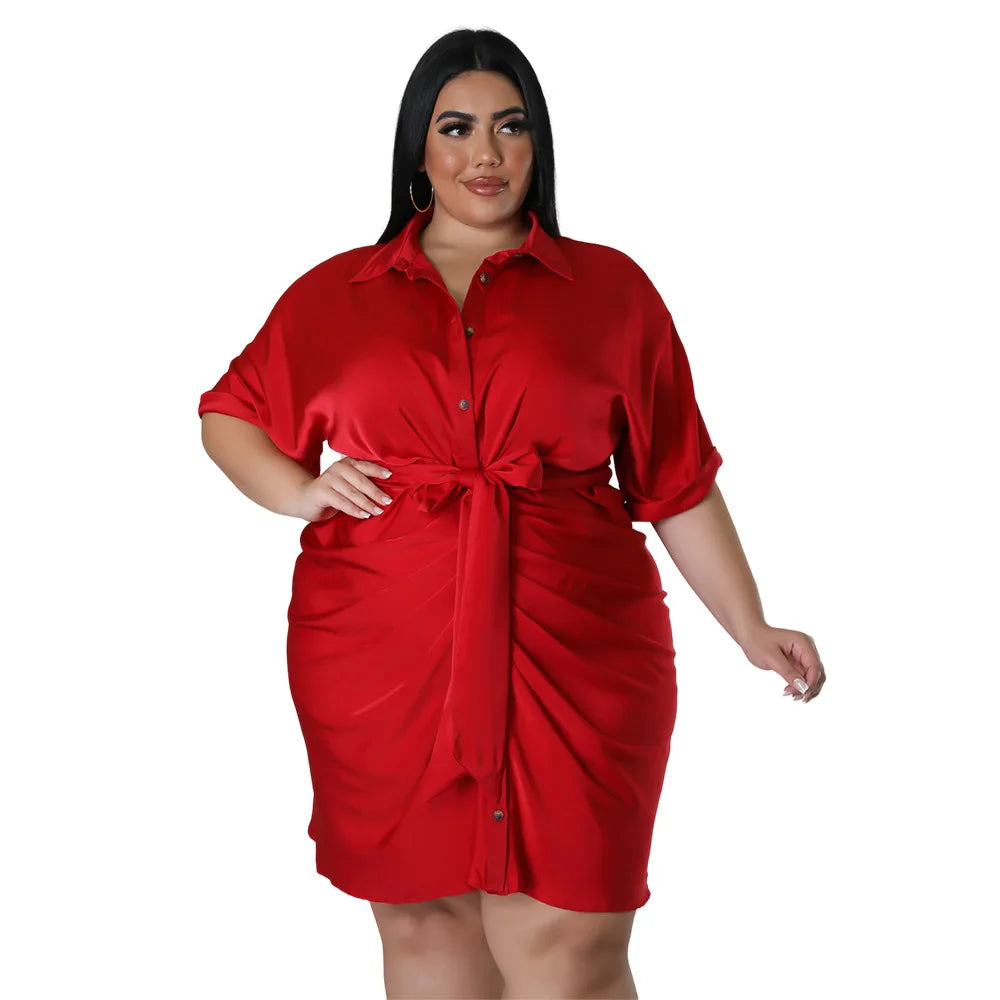 Plus Size Short-sleeved Red Dress V-neck Short Dresss