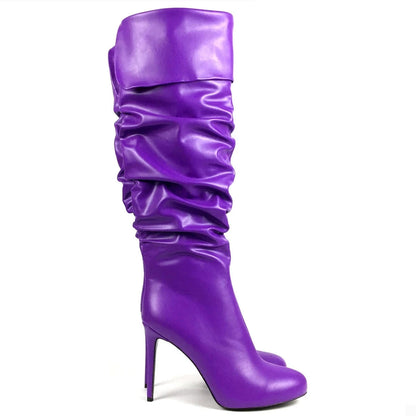 Wrinkled Over the Knee Round Toe High Heel Boots