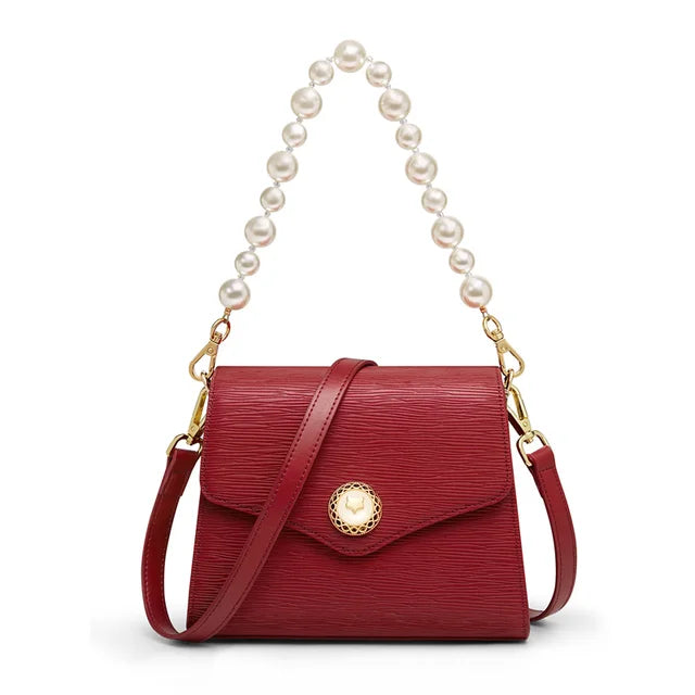 Pearled Holder Split Leather Underarm Handbag