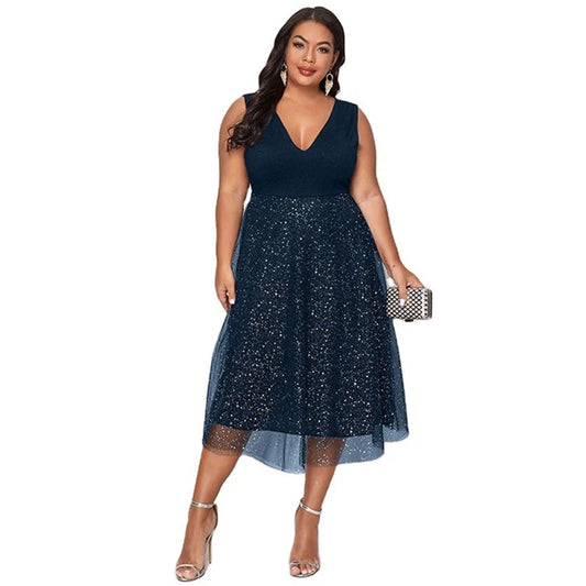 Plus Size Elegant Sleeveless V-neck Spotted Gauze Skirt Loose Dress