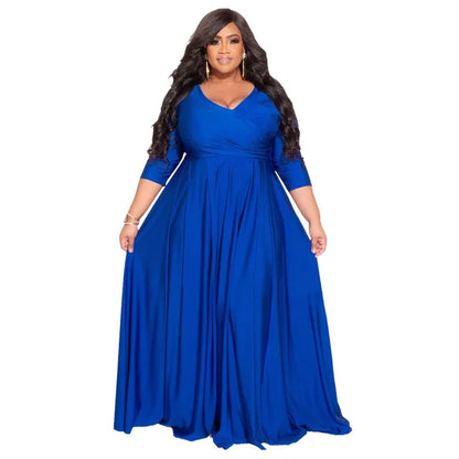 Plus Size V-neck Half-sleeve Loose Long Dres