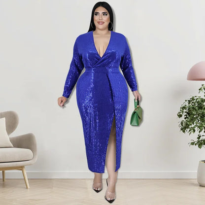 Plus Size Long Skirt Sequin Velvet V-neck Long-sleeved Dress