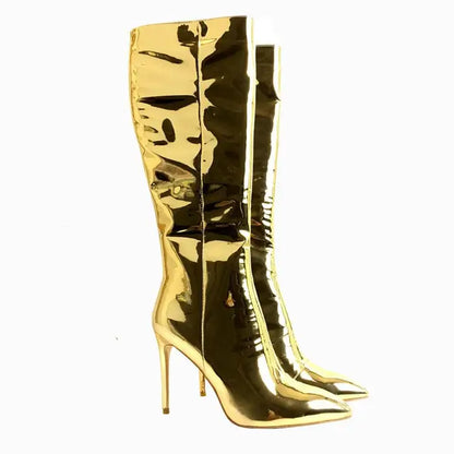 Knee High Pointed Toe Metallic High Heel Boots