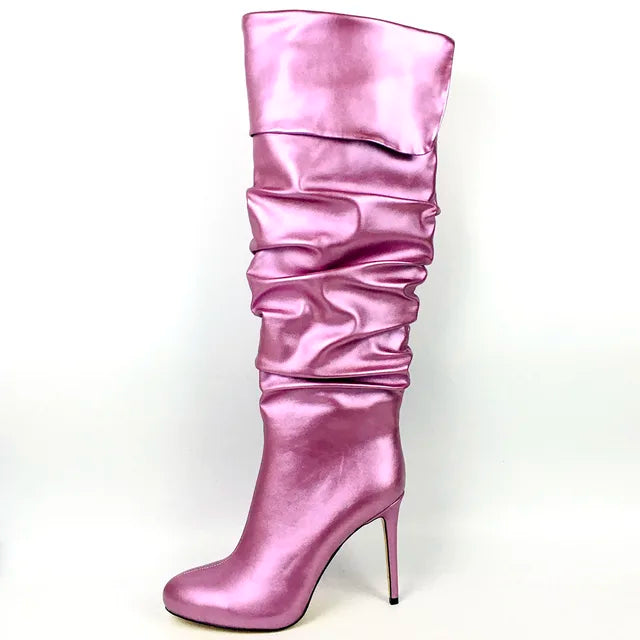 Wrinkled Over the Knee Round Toe High Heel Boots