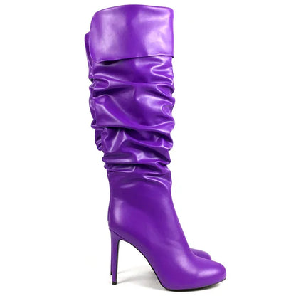 Wrinkled Over the Knee Round Toe High Heel Boots