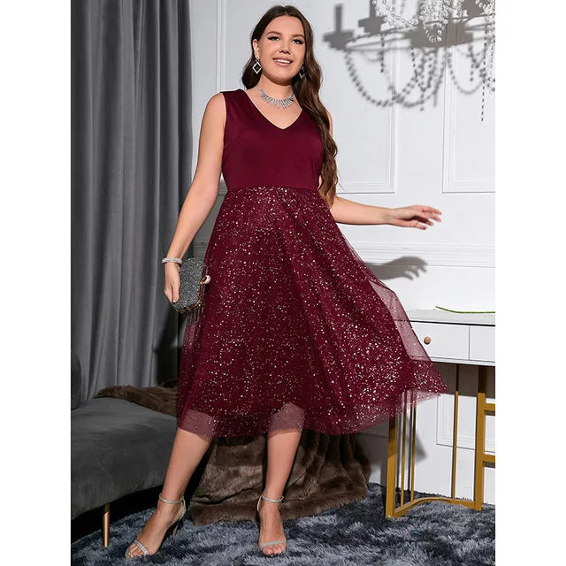 Plus Size Elegant Sleeveless V-neck Spotted Gauze Skirt Loose Dress