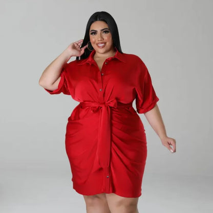 Plus Size Short-sleeved Red Dress V-neck Short Dresss