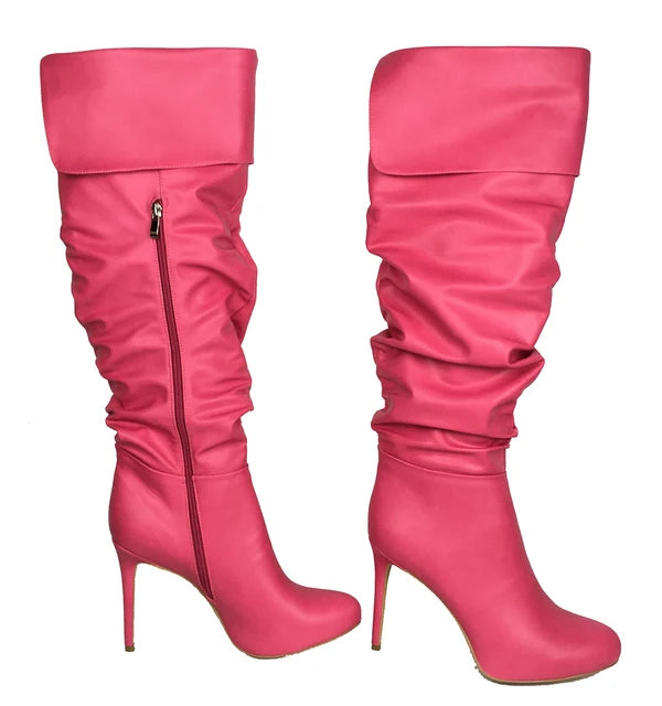 Wrinkled Over the Knee Round Toe High Heel Boots