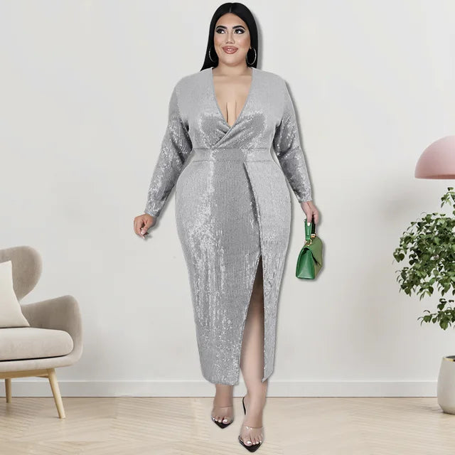 Plus Size Long Skirt Sequin Velvet V-neck Long-sleeved Dress