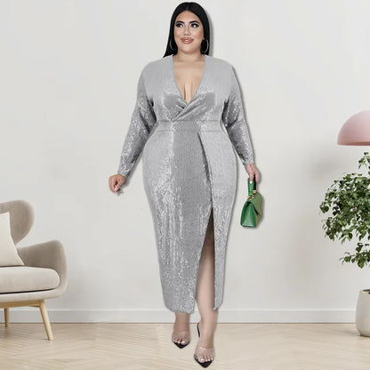 Plus Size Long Skirt Sequin Velvet V-neck Long-sleeved Dress