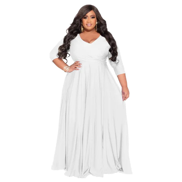 Plus Size V-neck Half-sleeve Loose Long Dres