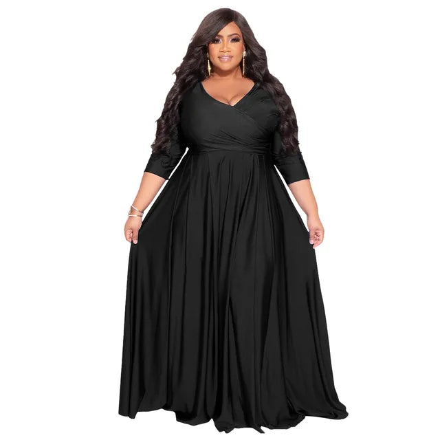 Plus Size V-neck Half-sleeve Loose Long Dres