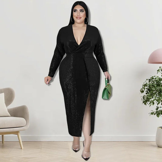 Plus Size Long Skirt Sequin Velvet V-neck Long-sleeved Dress