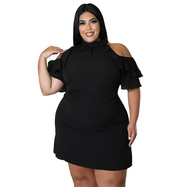 Plus Size Ruffled Irregular Off-the-shoulder Mini-skirt Dress