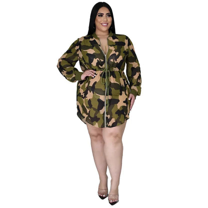 Plus Size Camouflage Print Loose Front Zipper Dress