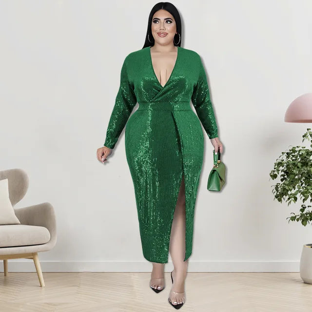 Plus Size Long Skirt Sequin Velvet V-neck Long-sleeved Dress