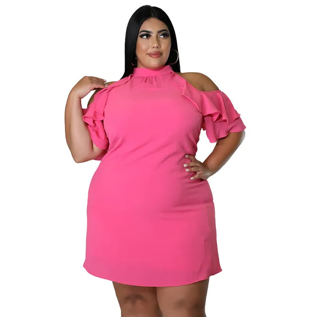 Plus Size Ruffled Irregular Off-the-shoulder Mini-skirt Dress